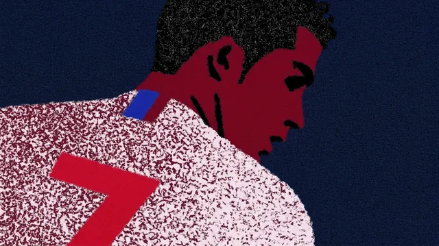 An illustrated portrait of a soccer player in profile, featuring bold strokes and a deep navy background. The dominant colors are red and white, evoking a dynamic and energetic mood.