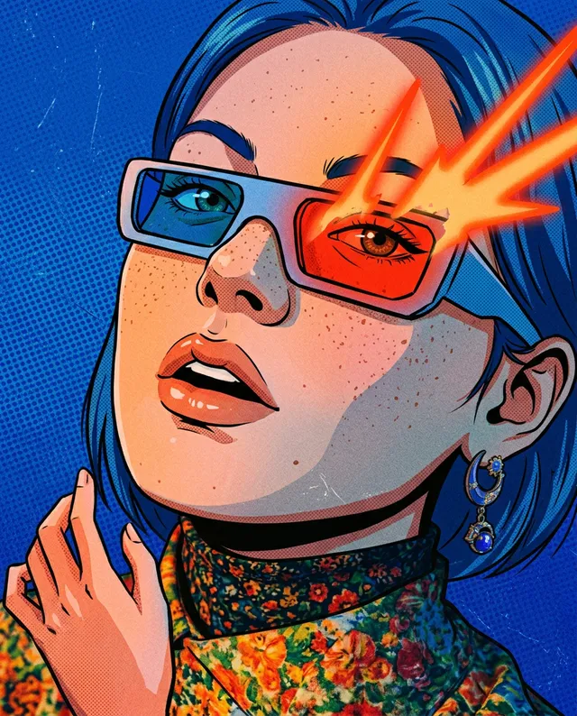 A vibrant digital illustration of a woman wearing 3D glasses, with an eye-catching burst of color emanating from one lens. The artwork features bold outlines, a playful retro vibe, and a dominant palette of blue and orange, creating a dynamic and expressive mood.