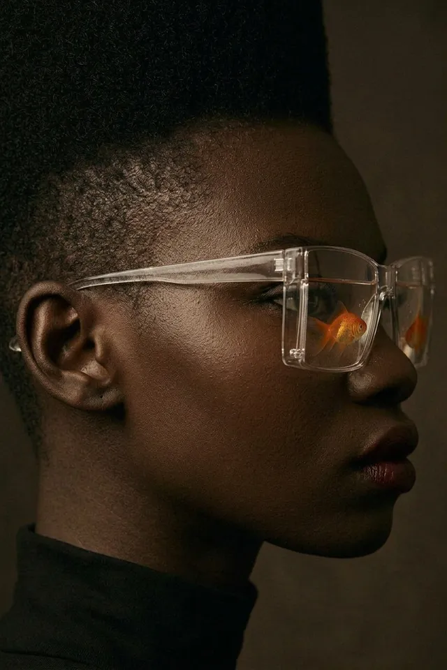 A striking editorial portrait featuring a model with a high-top hairstyle, adorned with transparent glasses that reflect goldfish, set against a rich, dark background. The mood is both surreal and sophisticated, with deep browns and subtle highlights accentuating the model's features.