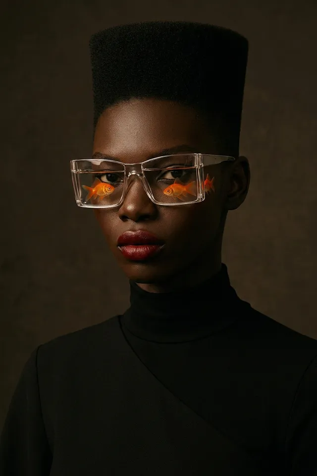 A striking editorial photograph features a model with a high-top hairstyle wearing clear glasses that reflect vivid goldfish, set against a dark, moody background. The dominant colors are deep blacks and luminous oranges, creating a bold and surreal atmosphere.
