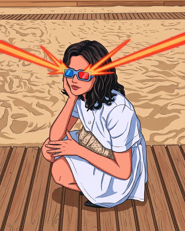 A vibrant digital illustration features a young woman in sunglasses with striking red beams emanating from her eyes, sitting on a wooden platform beside a sandy beach. The bright colors and playful mood evoke a sense of summer fun and bold style.