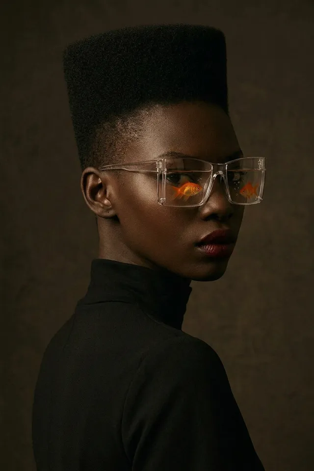 A striking portrait featuring a model with a tall, geometric hairstyle and clear glasses reflecting goldfish, set against a dark, moody background. The image showcases a blend of editorial photography and fashion, emphasizing rich browns and deep shadows, evoking a sense of intrigue and modern elegance.