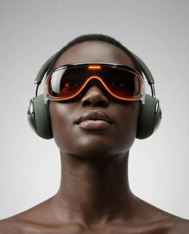 A close-up editorial portrait of a person wearing sleek, futuristic headphones and oversized orange-tinted goggles, exuding a confident and serious mood. The image features a neutral background with soft lighting, emphasizing the subject’s facial features and the striking contrasting colors of the accessories.