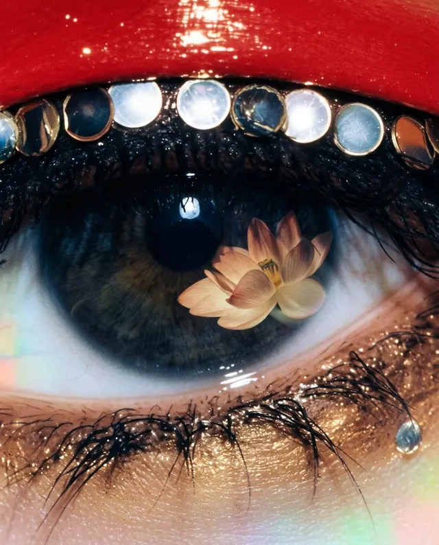 An extreme close-up of a human eye adorned with red lipstick and sparkling gems, featuring a delicate lotus flower reflected in the iris. The image combines editorial photography with a surreal and dreamy mood, dominated by rich browns and glimmering highlights.