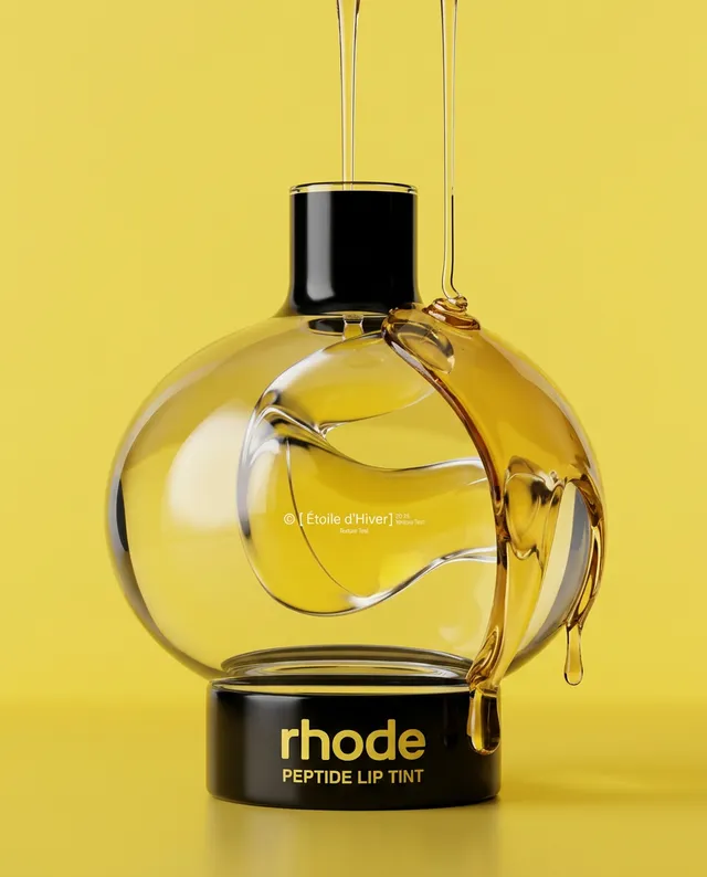A sleek, modern lip tint bottle is suspended against a vibrant yellow background, dripping glossy fluid that enhances its contemporary aesthetic. The overall mood is playful and luxurious, highlighted by the contrast of clear and dark colors.