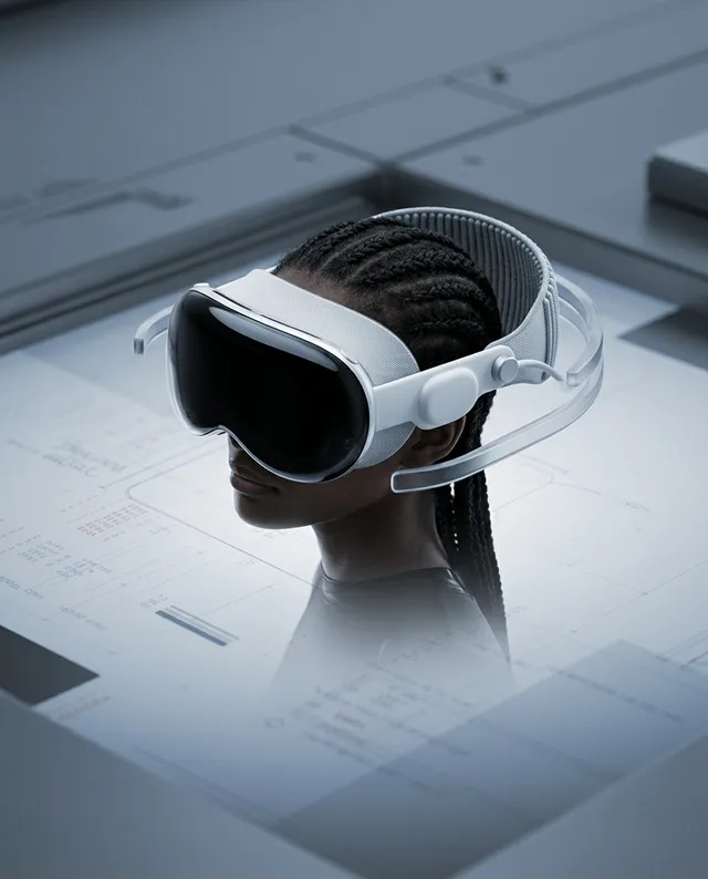 The image features a futuristic, editorial-style portrait of a person wearing sleek virtual reality goggles, with a focus on technological innovation. The mood is modern and immersive, dominated by cool tones of gray and black, accentuated by the glossy finish of the headset.