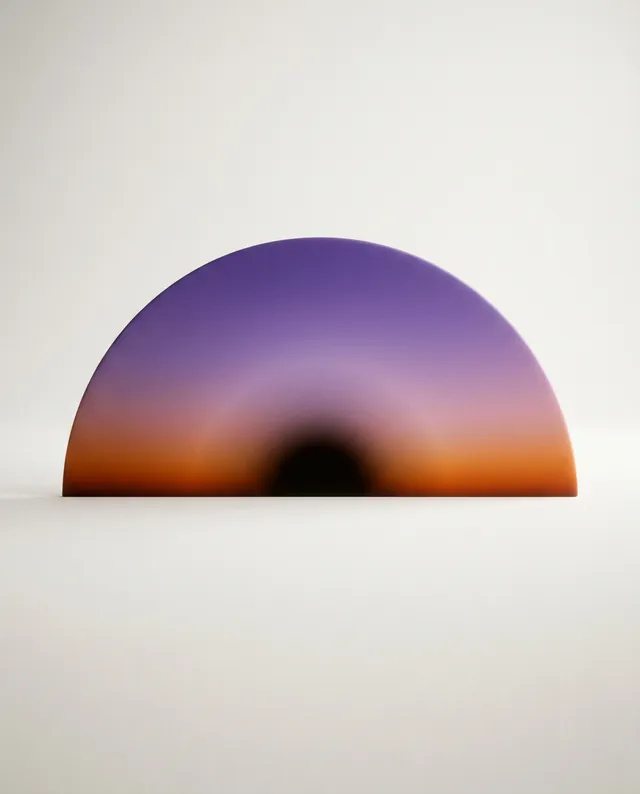A captivating minimalist illustration of a gradient half-circle, blending deep purples and warm oranges, evoking a serene sunset atmosphere. The soft transitions in color create a tranquil and harmonious mood.