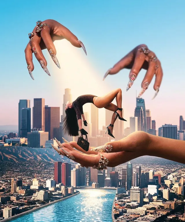 A surreal digital collage features a dramatic cityscape backdrop with oversized, manicured hands cradling a stylized figure in a striking pose. The vibrant colors and fantastical composition create an otherworldly, glamorous mood.
