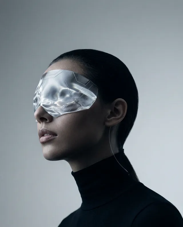 A striking editorial photograph features a model with futuristic, translucent eyewear that reflects abstract patterns, set against a soft grey background. The mood is sleek and modern, with a focus on minimalism and a palette dominated by cool tones.
