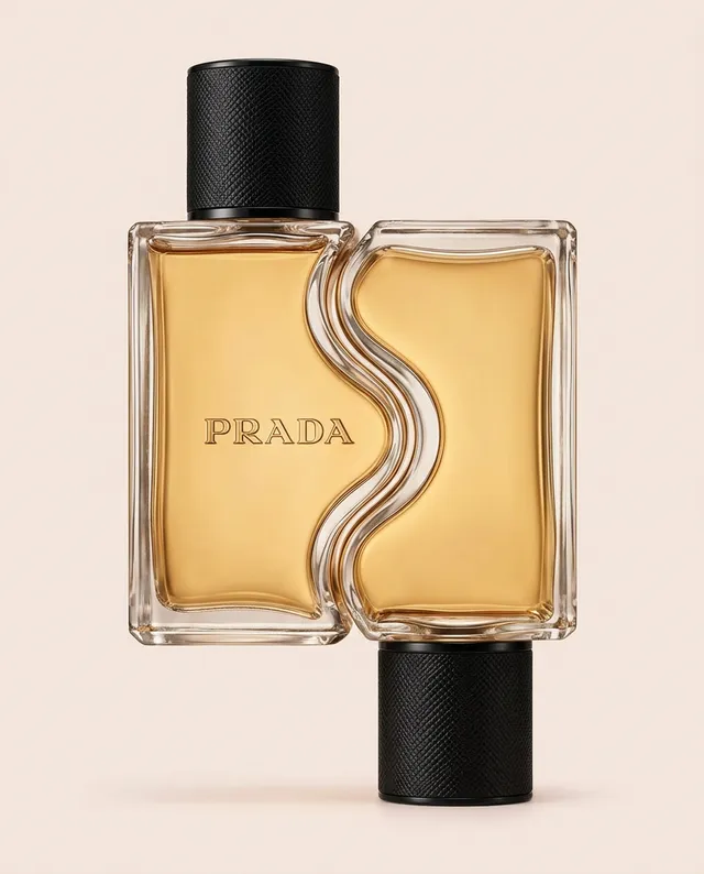 This editorial photography features a minimalist bottle of Prada perfume with a unique wave design, set against a soft beige background. The dominant colors are warm amber and black, creating an elegant and sophisticated mood.