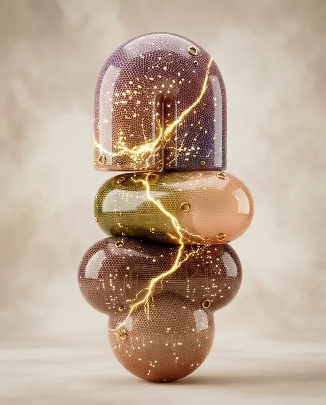 A striking three-dimensional digital sculpture features organic, rounded forms in earthy tones of purple, green, and beige, illuminated by shimmering golden sparks and lightning-like details. The mood is futuristic and captivating, embodying a blend of surrealism and modern design.