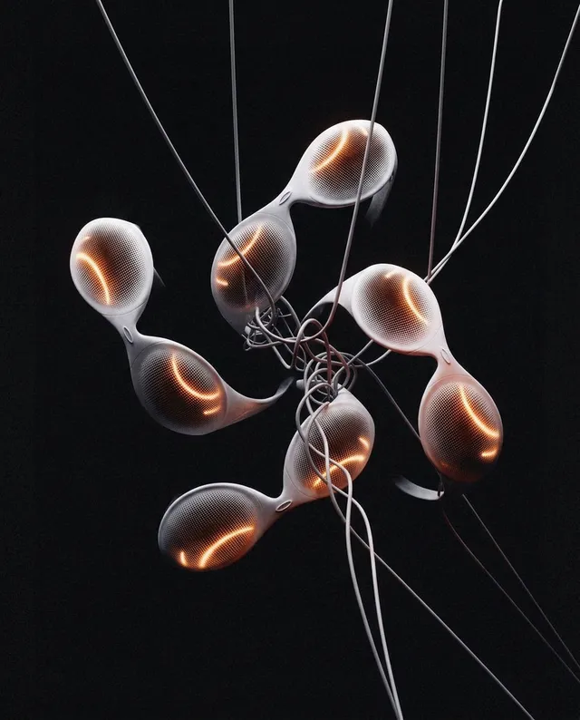 An abstract 3D rendering of interconnected, luminescent forms resembling organic shapes, set against a dark background. The composition conveys a futuristic and intricate mood, with dominant hues of soft white and warm orange.