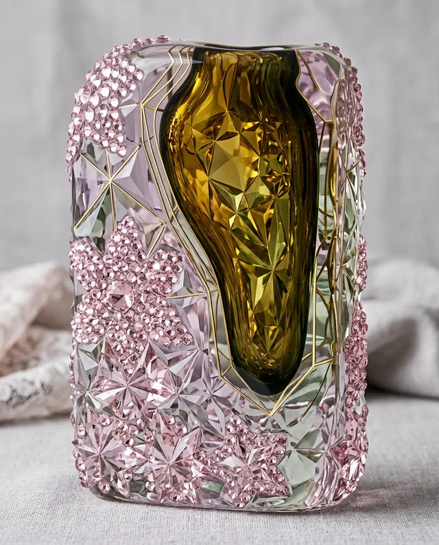 This editorial photography features an intricately designed glass vase with a striking yellow center, surrounded by detailed pink floral patterns. The overall mood is elegant and artistic, with soft pastel colors dominating the composition.