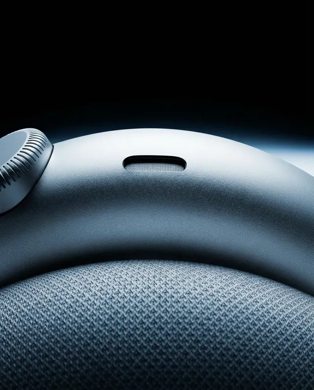 A close-up editorial photograph showcases the sleek design of a modern device, highlighting its metallic textures and minimalist button features. The mood is sophisticated and futuristic, dominated by shades of silver and deep black, with soft lighting enhancing the contours.