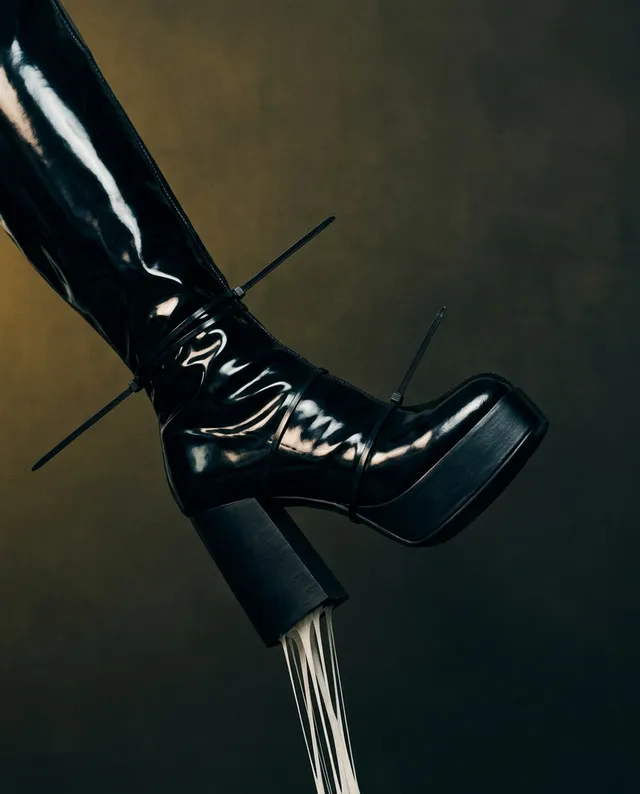 A glossy black platform boot is dramatically showcased against a muted background, with white liquid cascading from its sole. The editorial photography exudes a bold and edgy mood, highlighted by the contrasting dark tones and striking fluidity.