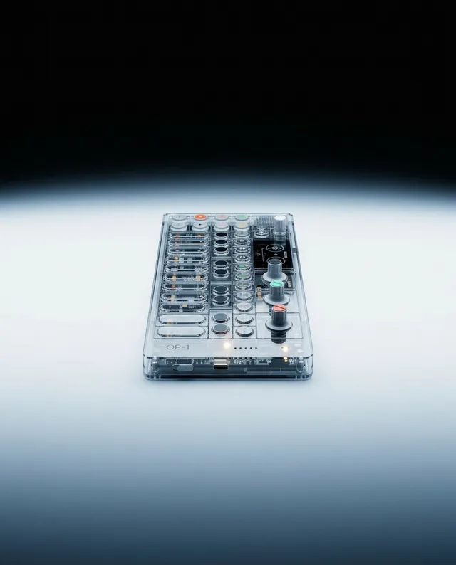 A sleek, transparent synthesizer rests against a softly illuminated gradient backdrop, showcasing its intricate buttons and dials. The image conveys a modern, minimalist aesthetic with cool tones of gray and subtle hints of colorful highlights.
