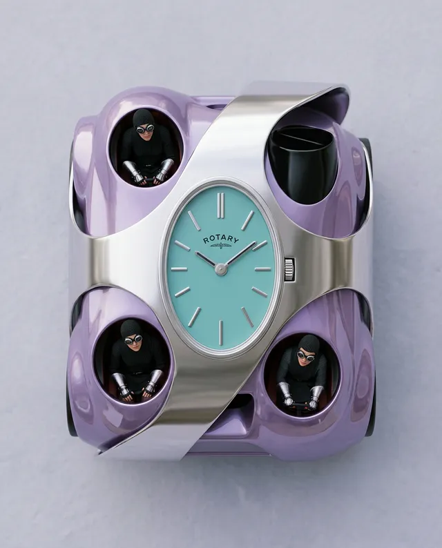 This creative illustration showcases a quirky watch design with a mint green dial, encircled by a playful purple casing featuring tiny cartoonish burglars. The mood is whimsical and fun, highlighted by the contrast of metallic silver and vibrant colors.