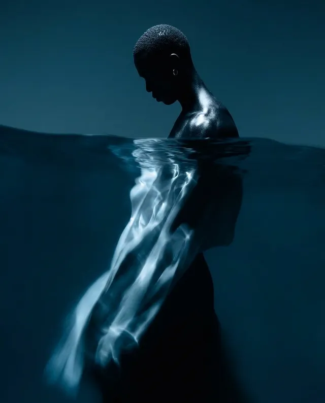 A striking editorial photograph captures a figure submerged in dark water, with ethereal fabric flowing around them. The mood is serene yet mysterious, dominated by deep blues and soft highlights creating a sense of tranquility.