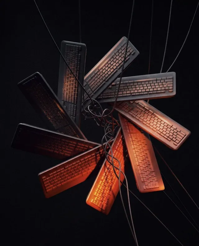 An artistic digital illustration features a dynamic arrangement of black keyboards intertwined with cables, exuding a futuristic and tech-inspired mood. The dominant colors are deep black and warm orange, creating a striking contrast against the dark background.