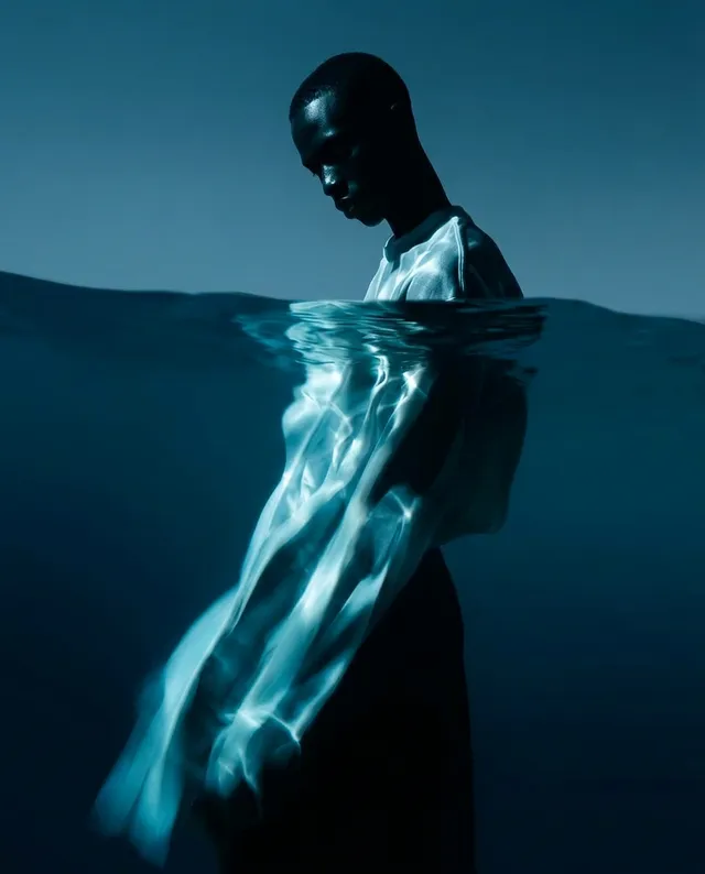 A captivating editorial photograph featuring a figure partially submerged in water, exuding a tranquil yet mysterious mood. The dominant colors are deep blues and blacks, accentuated by the ethereal light reflecting off the water's surface.