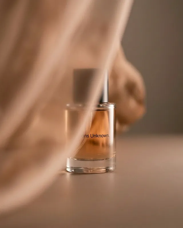 A softly lit perfume bottle partially obscured by a sheer curtain evokes a mood of mystery and elegance. The dominant warm tones and gentle focus create an inviting, serene atmosphere.