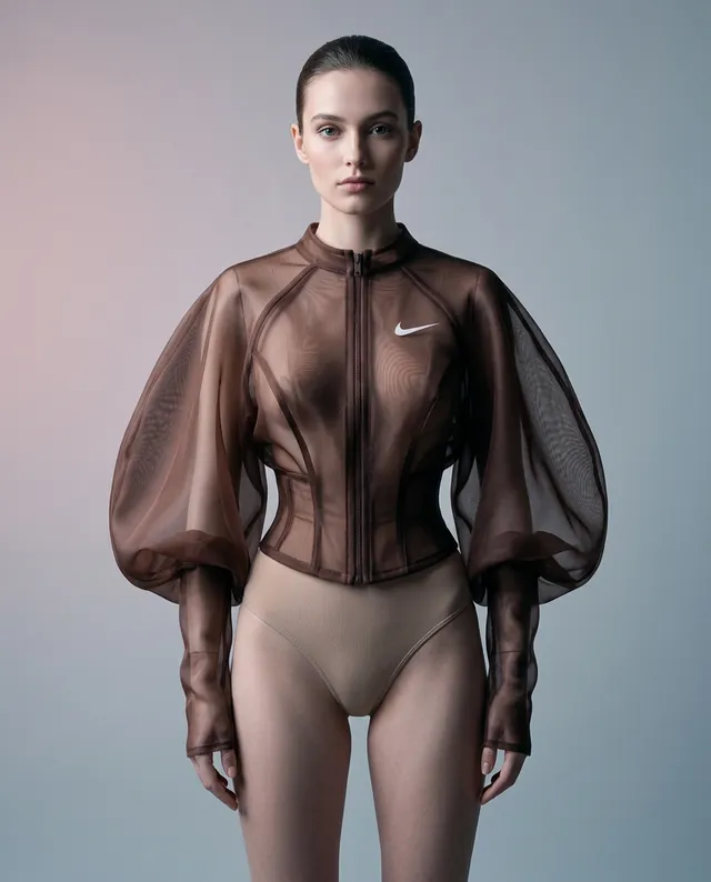 This editorial fashion photograph features a model in a sheer, brown Nike jacket with voluminous sleeves, paired with a neutral bodysuit. The image has a minimalistic and sophisticated mood, complemented by soft gradient hues in the background.