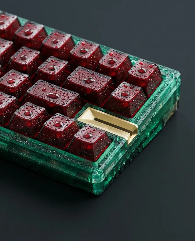 A close-up editorial photograph of a glossy keyboard featuring rich burgundy keys adorned with water droplets, set against a sleek dark background. The vibrant greens of the keyboard casing contrast with the deep red keys, creating a modern and sophisticated mood.