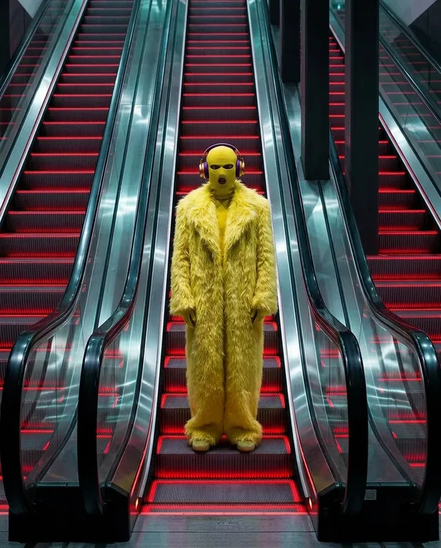 A solitary figure in a vibrant yellow fur coat stands on an escalator, surrounded by striking red neon lights, creating a surreal and bold atmosphere. This editorial photograph combines elements of fashion and urban exploration, evoking a sense of isolation and intrigue.