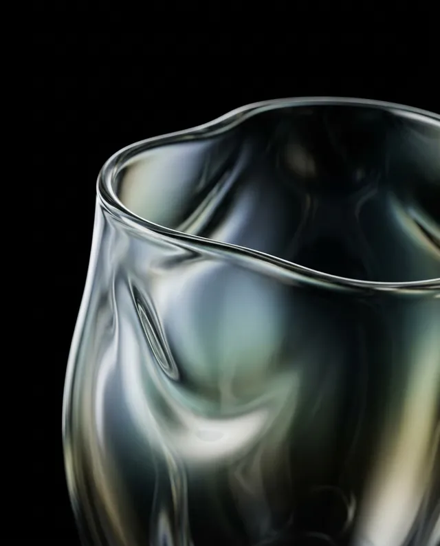 A close-up view of a uniquely shaped, translucent glass with smooth curves, set against a black background that enhances its reflections and textures. The mood is serene and the dominant colors are clear and reflective.