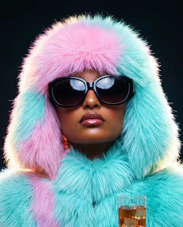A striking editorial photograph features a model wearing a vibrant pastel faux fur hood and oversized sunglasses, exuding confidence and glamour. The dominant colors are soft pink and aqua blue, creating a playful yet sophisticated mood.