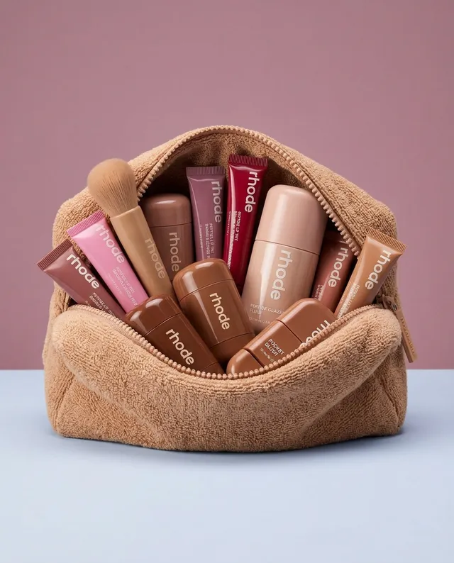 The image features a collection of beauty products artfully arranged within a plush, tan makeup bag, set against a muted pink backdrop. The mood is playful and inviting, with warm tones of brown, pink, and beige dominating the scene.