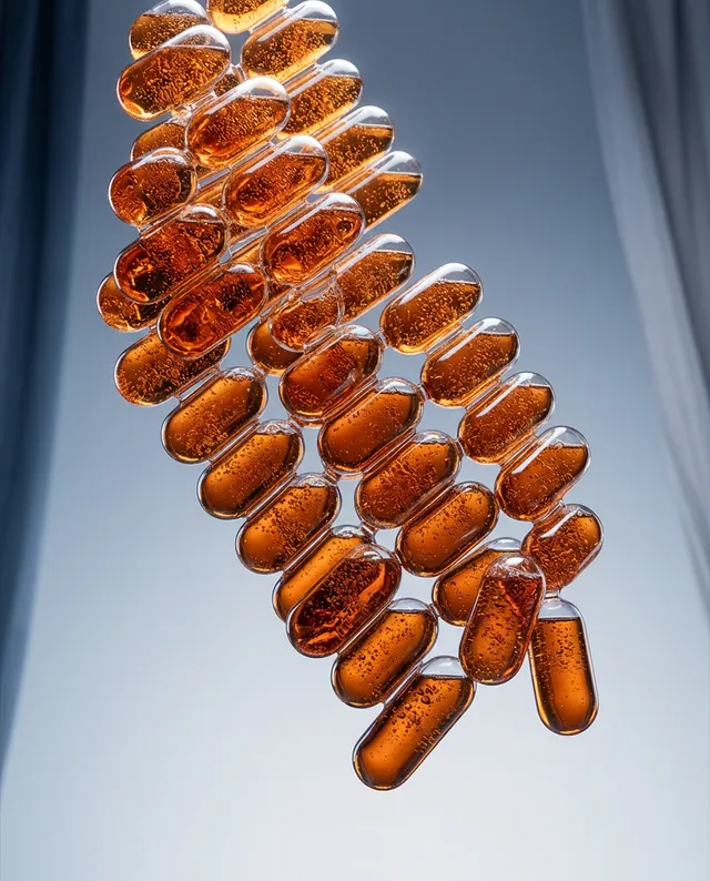 This striking editorial photograph features a cascading arrangement of translucent capsules filled with amber liquid, suspended against a softly blurred gradient background. The mood is sleek and modern, with dominant warm tones of amber and a cool gray backdrop.