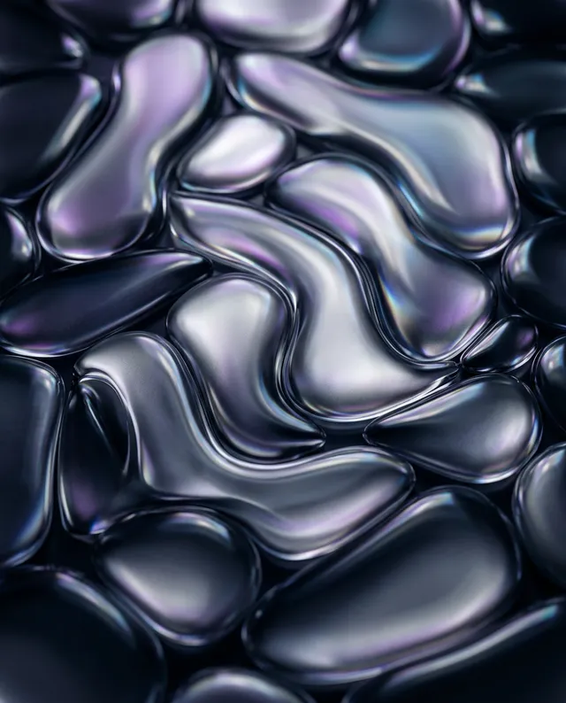 An abstract composition featuring smooth, flowing shapes with a reflective quality, evoking a sense of fluidity. The dominant colors include deep purples and blacks with iridescent highlights.