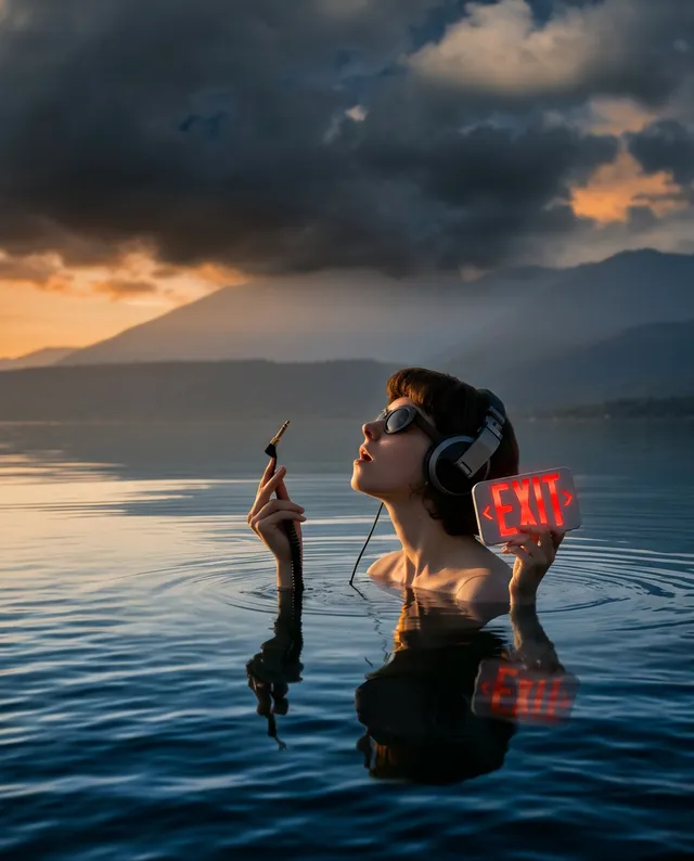 A serene editorial photograph features a woman in shallow water, wearing headphones and stylish sunglasses, holding an illuminated "EXIT" sign. The composition is set against a dramatic sky and mountains, with a moody palette of deep blues and warm sunset hues.