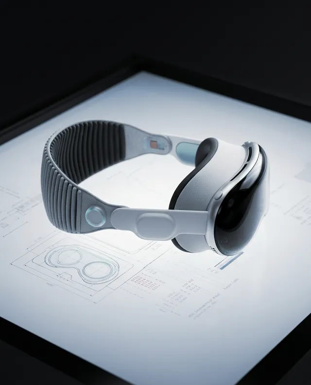 A sleek virtual reality headset is prominently featured against a dark background, illuminated by a soft light that highlights its modern design. The image has a high-tech, minimalist aesthetic, with cool tones and a focus on clean lines and innovative engineering.