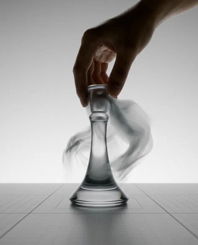 A hand delicately lifts a translucent glass chess piece, creating a sense of movement with a soft, smoky effect in the background. The image is captured in a minimalist editorial photography style, featuring a serene mood with a dominant palette of clear glass and subtle gray tones.