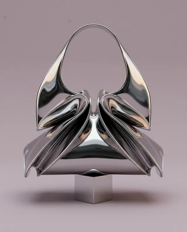 A sleek, futuristic sculpture made of reflective metal features elegant, flowing forms that create an organic yet abstract design. The piece is set against a soft, pastel pink background, enhancing its polished surface and modern aesthetic.