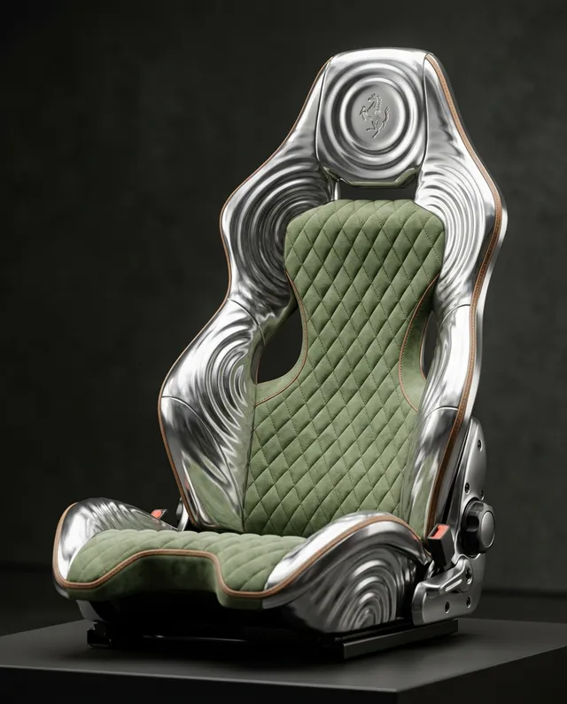 A luxury automotive seat, showcasing a sleek silver finish with intricate swirling patterns and a plush green quilted upholstery. The image exudes a modern and high-end aesthetic, set against a dark backdrop that emphasizes its design and craftsmanship.