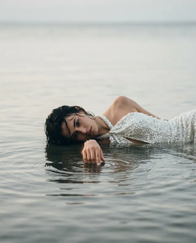 A serene editorial photograph featuring a woman in a white beaded dress, lying in shallow water, with gentle ripples surrounding her. The mood is calm and introspective, accentuated by soft, muted colors and the natural light of a tranquil setting.