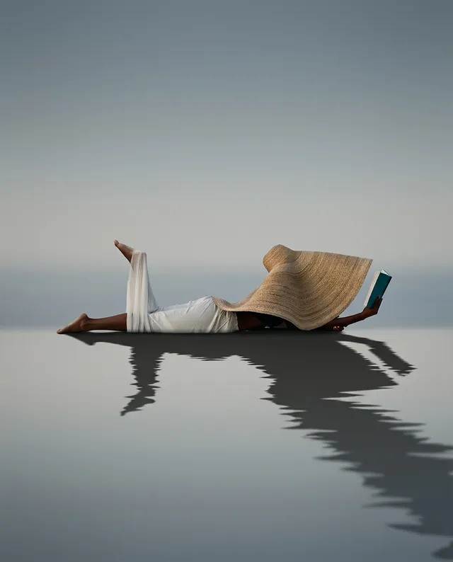 A serene editorial photograph depicts a woman lounging gracefully on reflective water, wearing a large straw hat and a flowing white dress while absorbed in a book. The mood is tranquil, with a soft color palette dominated by muted blues and beige tones.