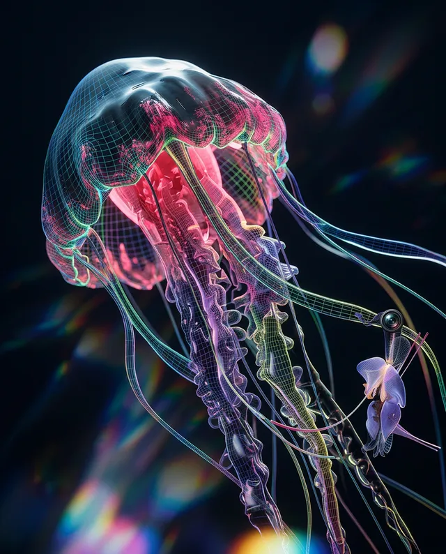 A vibrant digital illustration of a jellyfish, showcasing an intricate mesh design and glowing hues of pink, purple, and blue. The ethereal mood is enhanced by the interplay of light and reflections, creating a captivating underwater effect.
