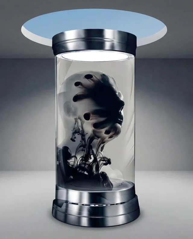 A surreal 3D rendering depicts a transparent cylindrical chamber containing a human-like figure engulfed in dark swirling liquid. The scene combines a futuristic aesthetic with a moody atmosphere, dominated by shades of gray and black, contrasted by the bright light from above.