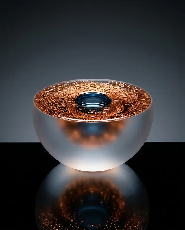 A striking glass vase featuring a smooth, frosted exterior and a shimmering copper-like interior, captured in high-contrast editorial photography. The mood is modern and elegant, with dominant tones of silver and copper against a dark background.