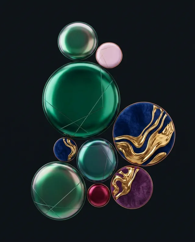 A striking digital illustration featuring a collection of glossy, spherical shapes in rich emerald greens, deep purples, and hints of gold, arranged against a dark background. The composition exudes a modern, luxurious mood, blending abstract forms with elegance.