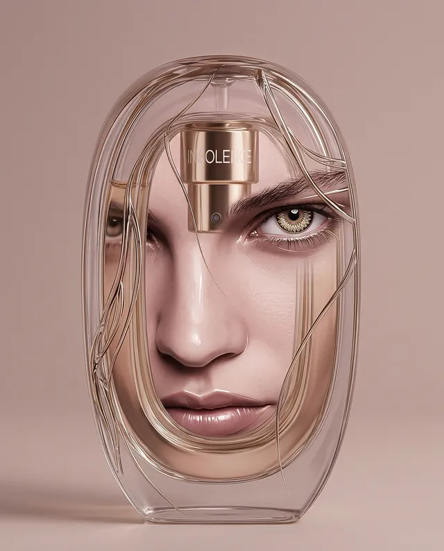 This surreal digital illustration features a striking perfume bottle shaped like a face, blending hyper-realistic facial elements with sleek design. The mood is intense and modern, dominated by soft nude tones and metallic accents.