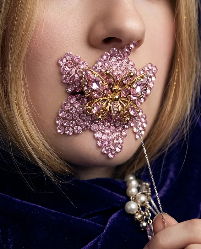 This editorial photography piece highlights a close-up of a model's face adorned with a large, sparkling pink floral design and a golden butterfly brooch, creating a whimsical and opulent mood. The dominant colors are soft pinks and golds against a rich blue velvet backdrop, emphasizing luxury and elegance.