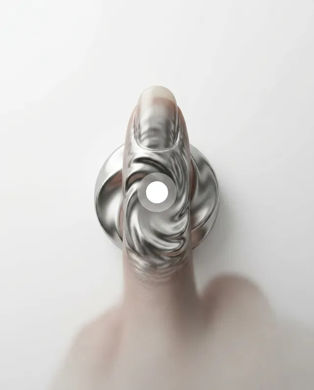 A surreal digital illustration showcases a metallic, swirling design atop a human finger, blending realism and abstraction. The dominant colors are shades of silver and white, creating a sleek, minimalist aesthetic.