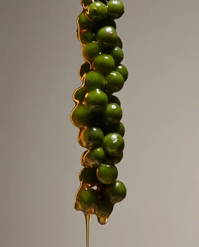 A close-up editorial photograph captures a cluster of glossy green olives drizzled with golden olive oil, creating a rich and appetizing contrast. The soft lighting enhances the shiny textures, evoking a sense of freshness and indulgence.