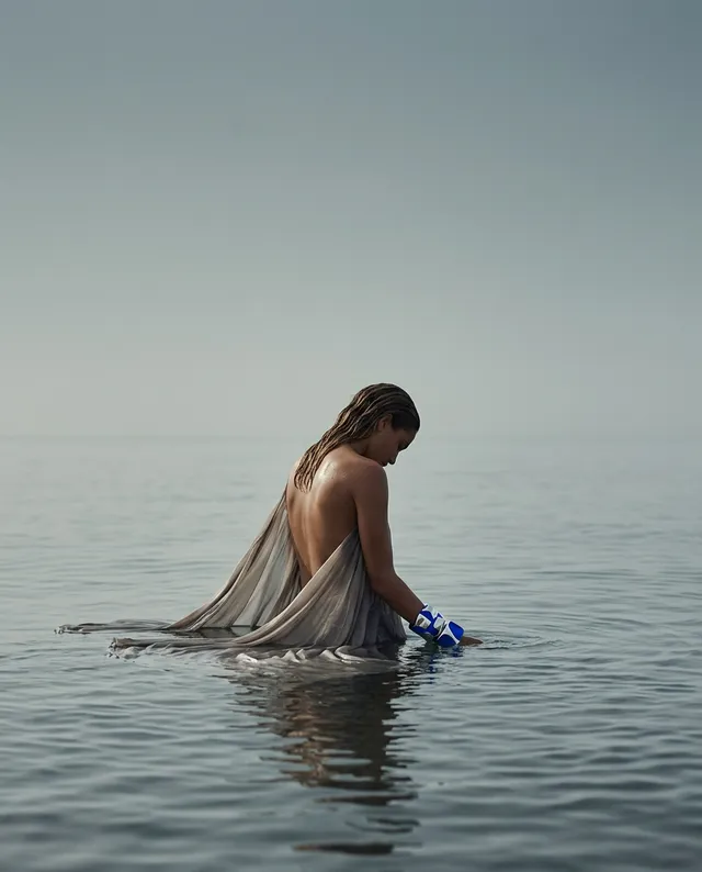 A serene editorial photograph features a figure in a flowing, neutral-toned garment, partially submerged in calm water, creating a contemplative mood. The image is dominated by soft grays and blues, enhancing the tranquil atmosphere.