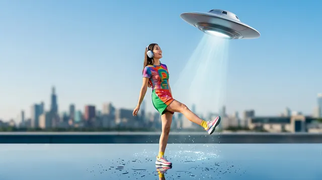 A vibrant digital illustration depicts a young woman in a colorful dress standing on a reflective surface, with a UFO hovering above her, beaming down light. The scene conveys a playful and whimsical mood, dominated by bright colors like green, pink, and blue against a clear sky and cityscape backdrop.